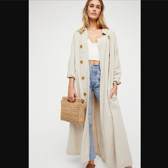 Free People Jackets & Blazers - Free People Sweet Melody Trench Coat Size XS Natural Beige Linen Blend Duster